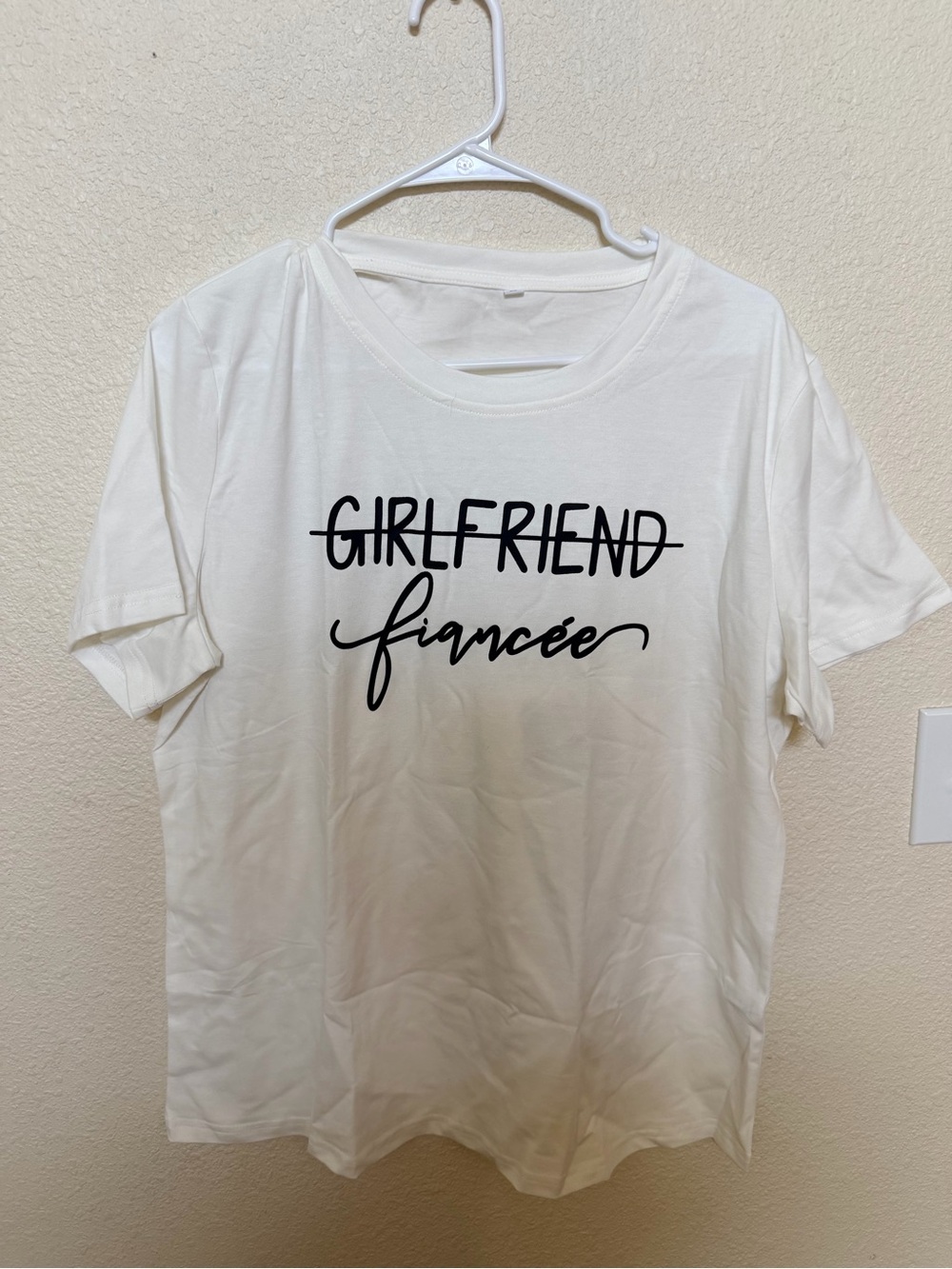Amazon White Graphic Tee with Black Script "fiancée"